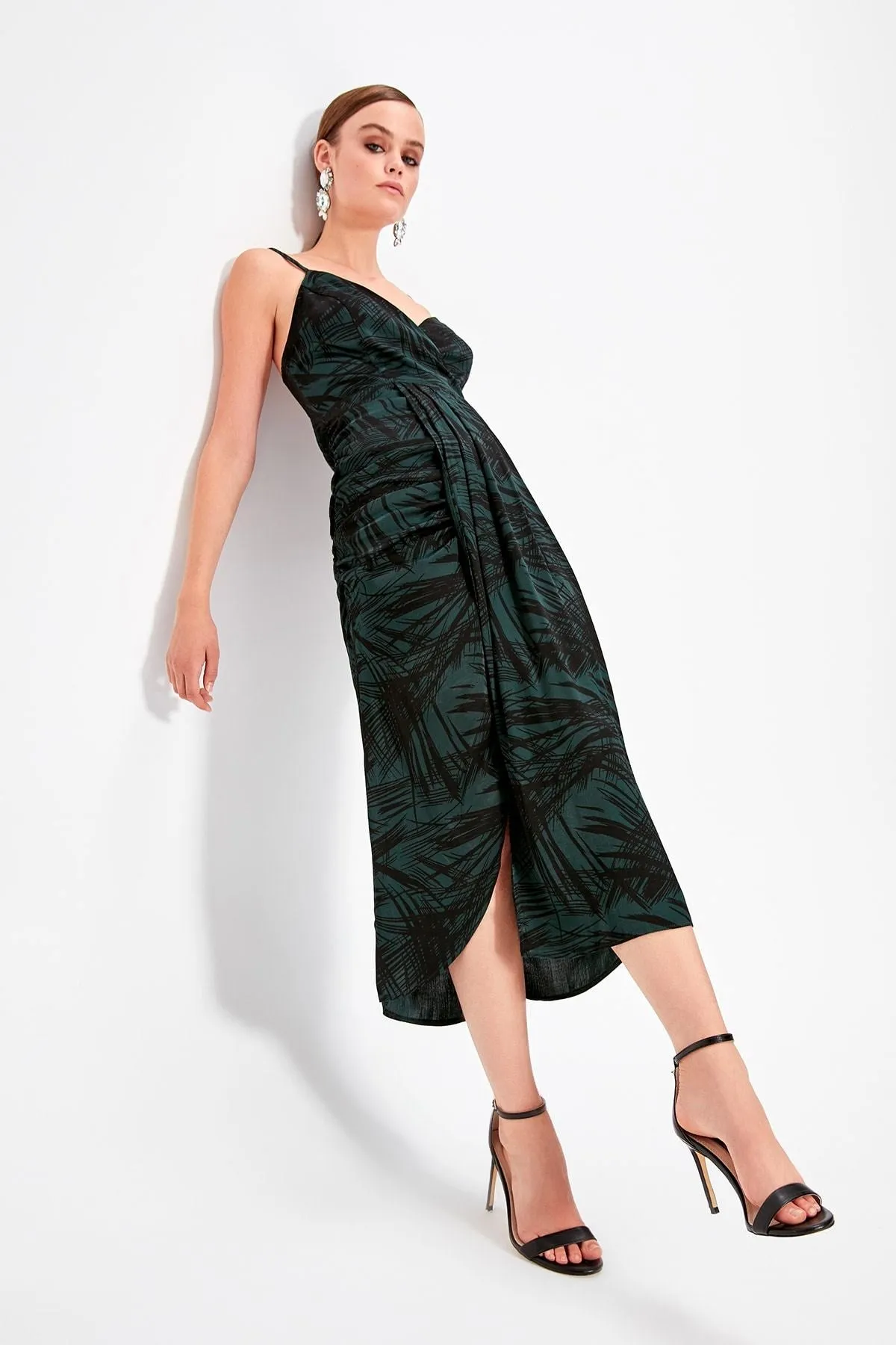 13361 Green-Black Draped Strap Dress