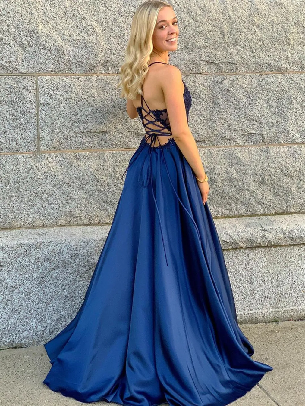 A Line V Neck Blue Lace Beaded Long Prom, Blue Lace Formal, Blue Evening