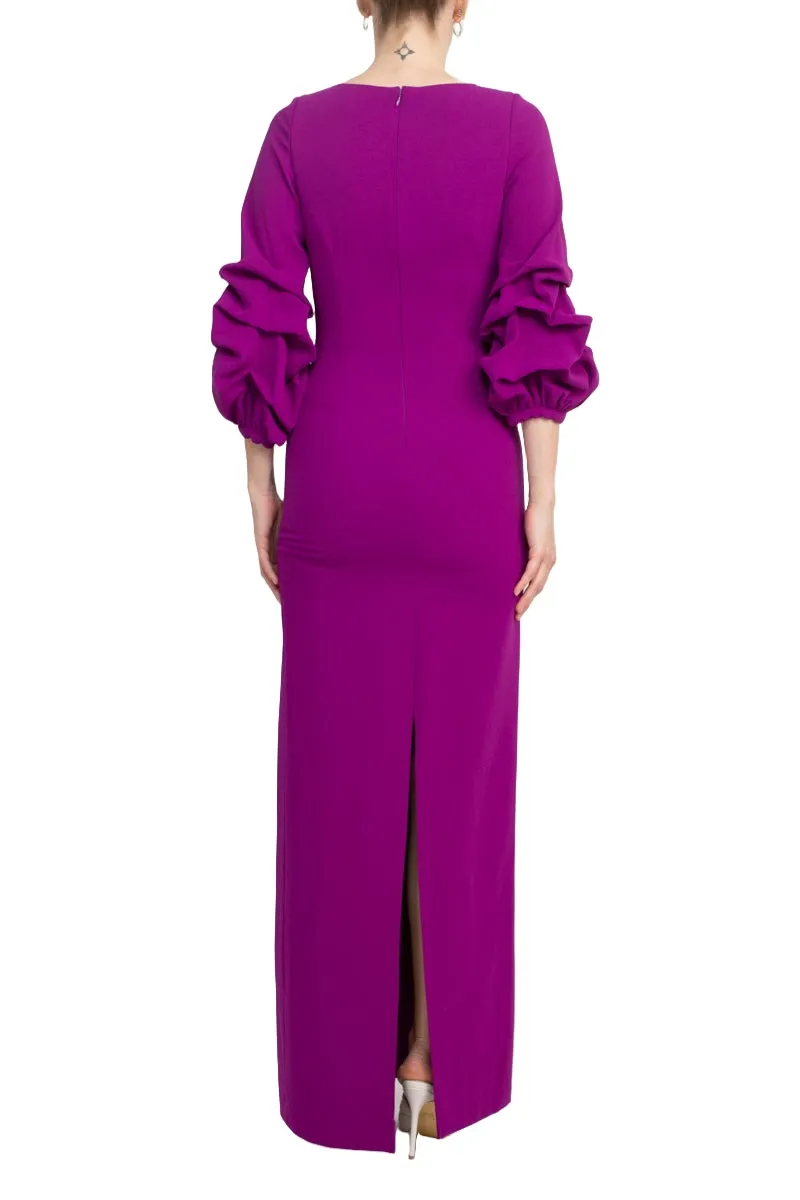 Alberto Makali Crew Neck Gathered 3/4 Sleeve Bodycon Zipper Back Slit Back Scuba Dress
