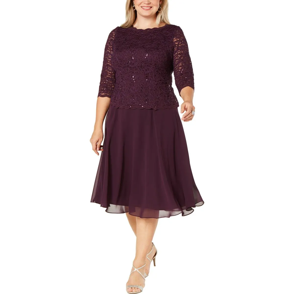 Alex Evenings Womens Plus Lace Sequin Cocktail and Party Dress