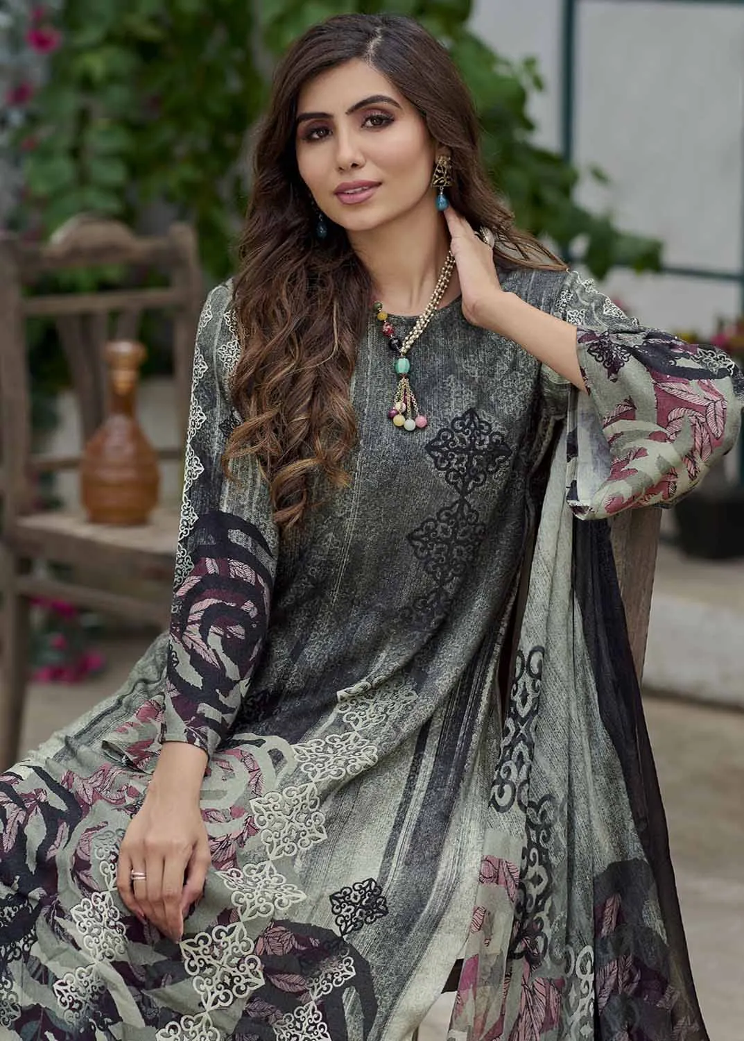 AQSA Pure Woolen Pashmina Black Winter Salwar Suit Dress Materials