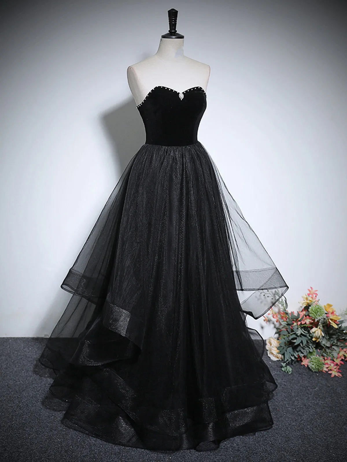 Black Haler Tulle and Velvet Long Prom Dress, Black A-line Tulle Evening Dress