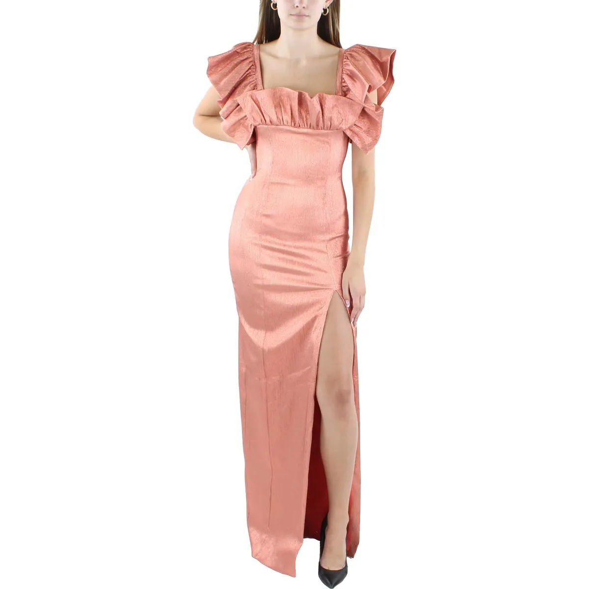 Black Halo Womens Full Length Ruffle Sleeve Evening Dress