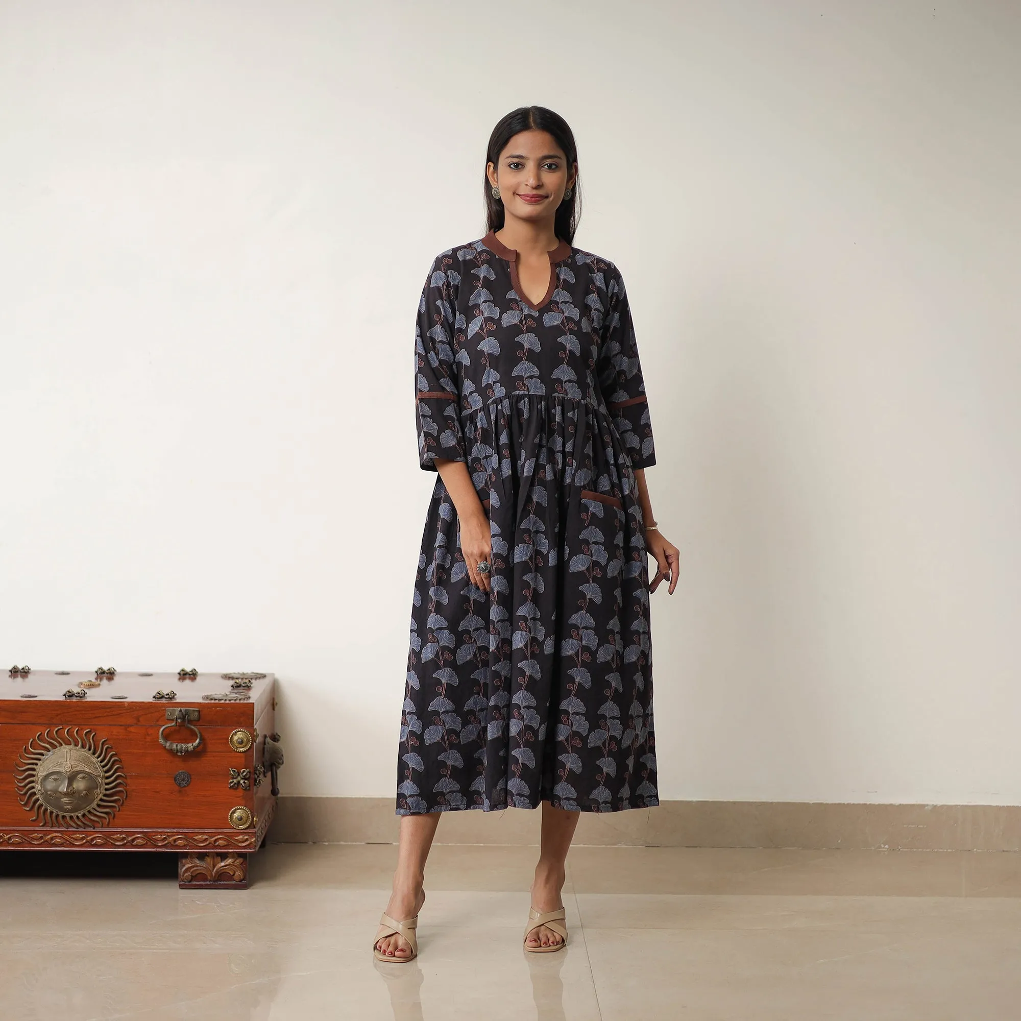 Black - Hand Block Print Cotton Flared Gher Ajrakh Dress 06