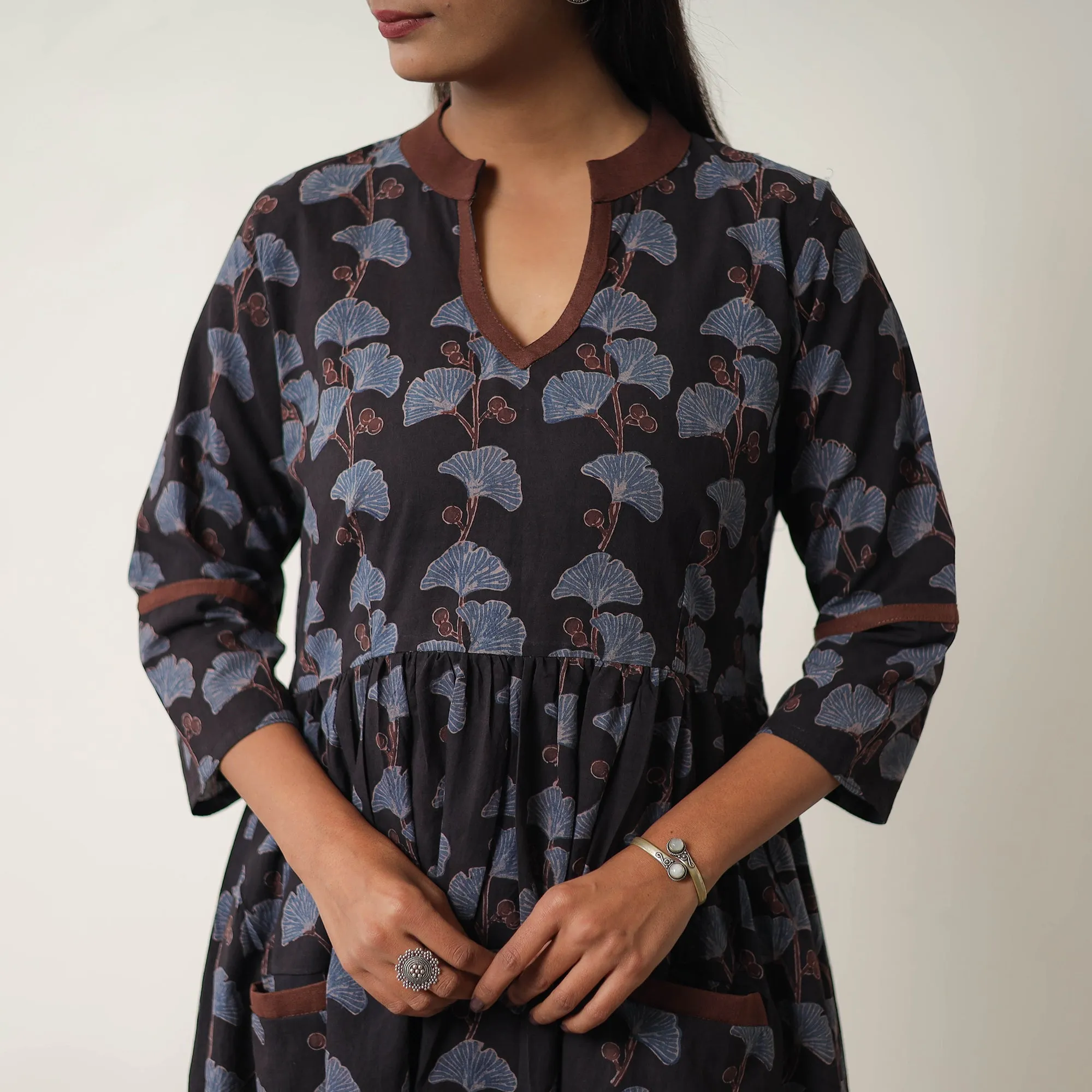 Black - Hand Block Print Cotton Flared Gher Ajrakh Dress 06