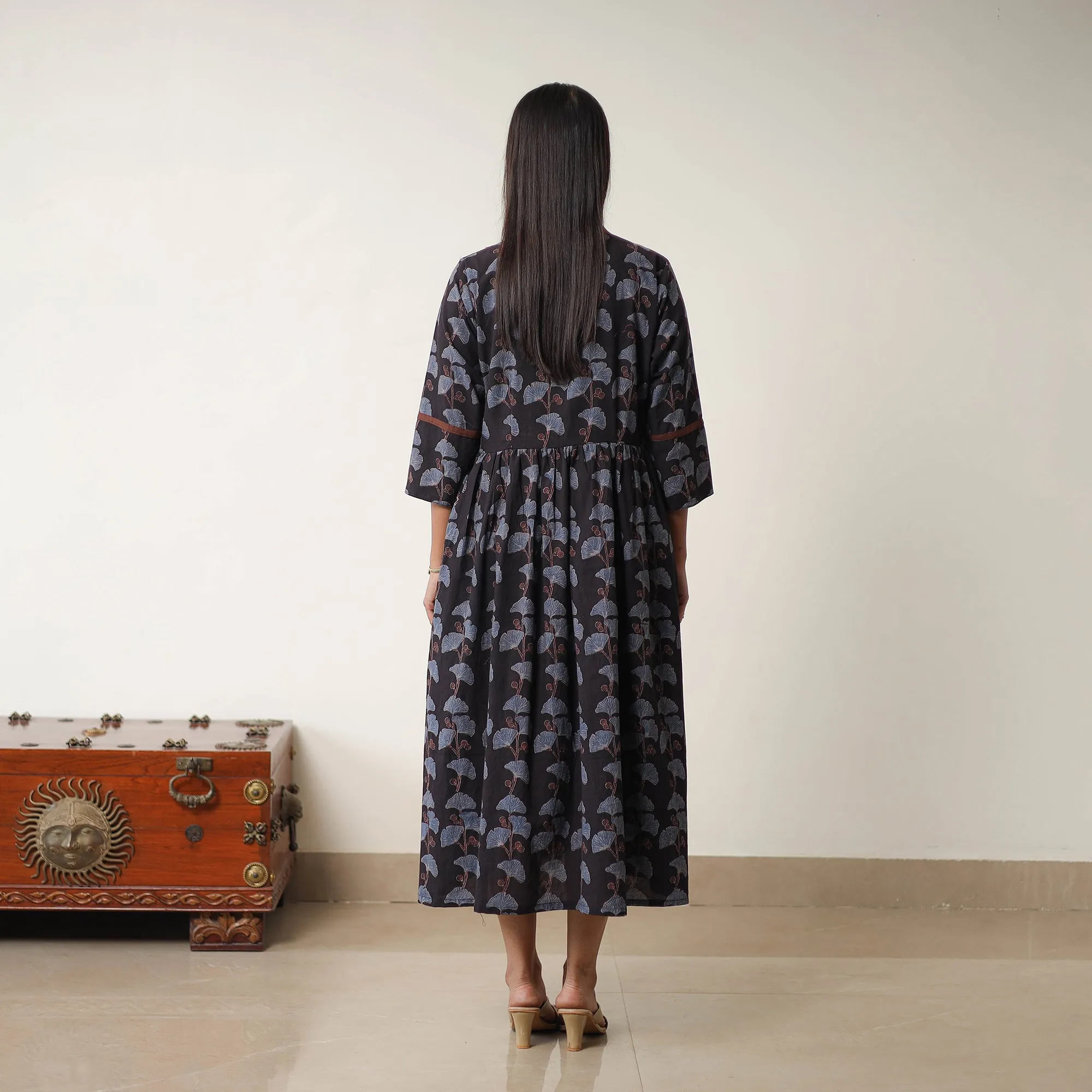 Black - Hand Block Print Cotton Flared Gher Ajrakh Dress 06