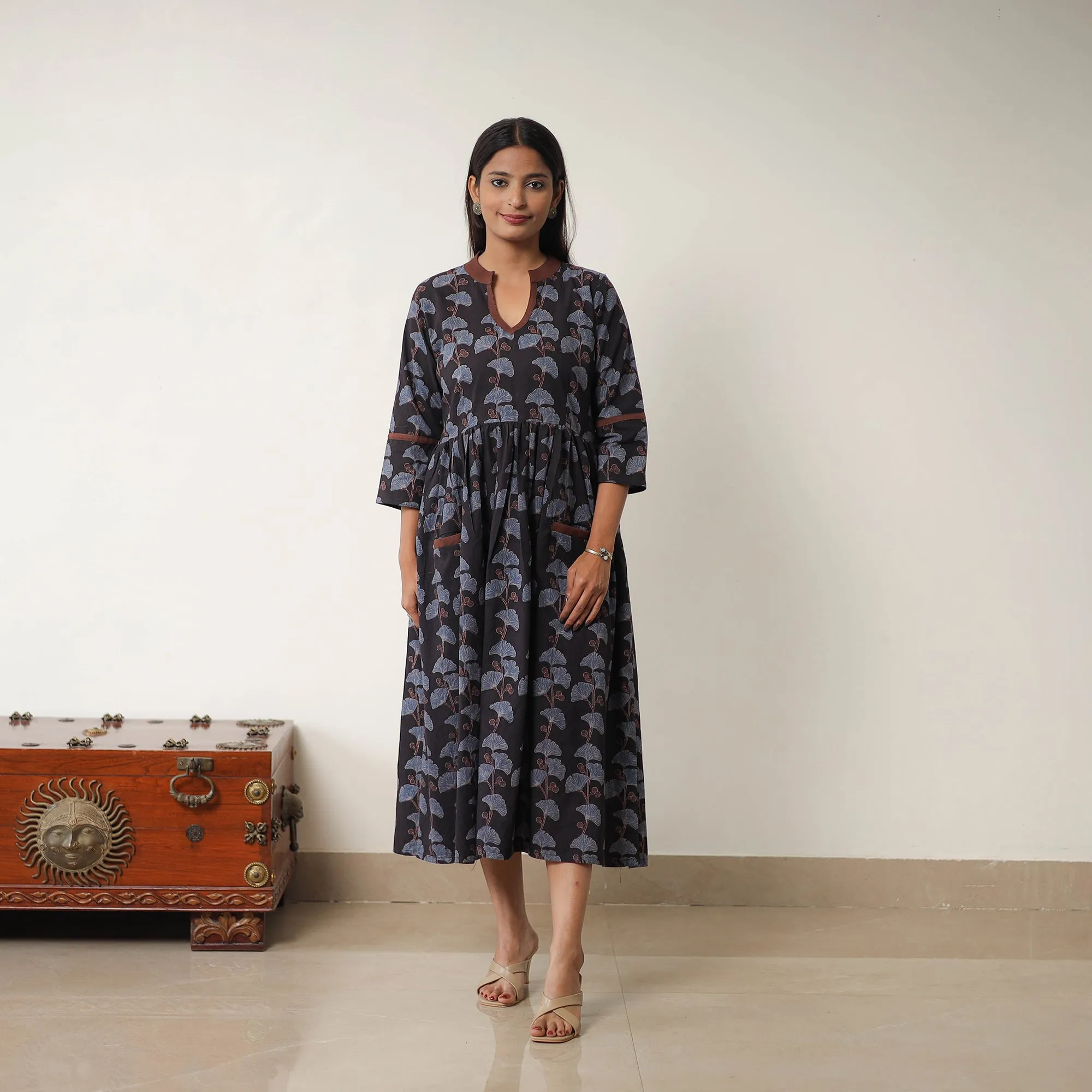Black - Hand Block Print Cotton Flared Gher Ajrakh Dress 06