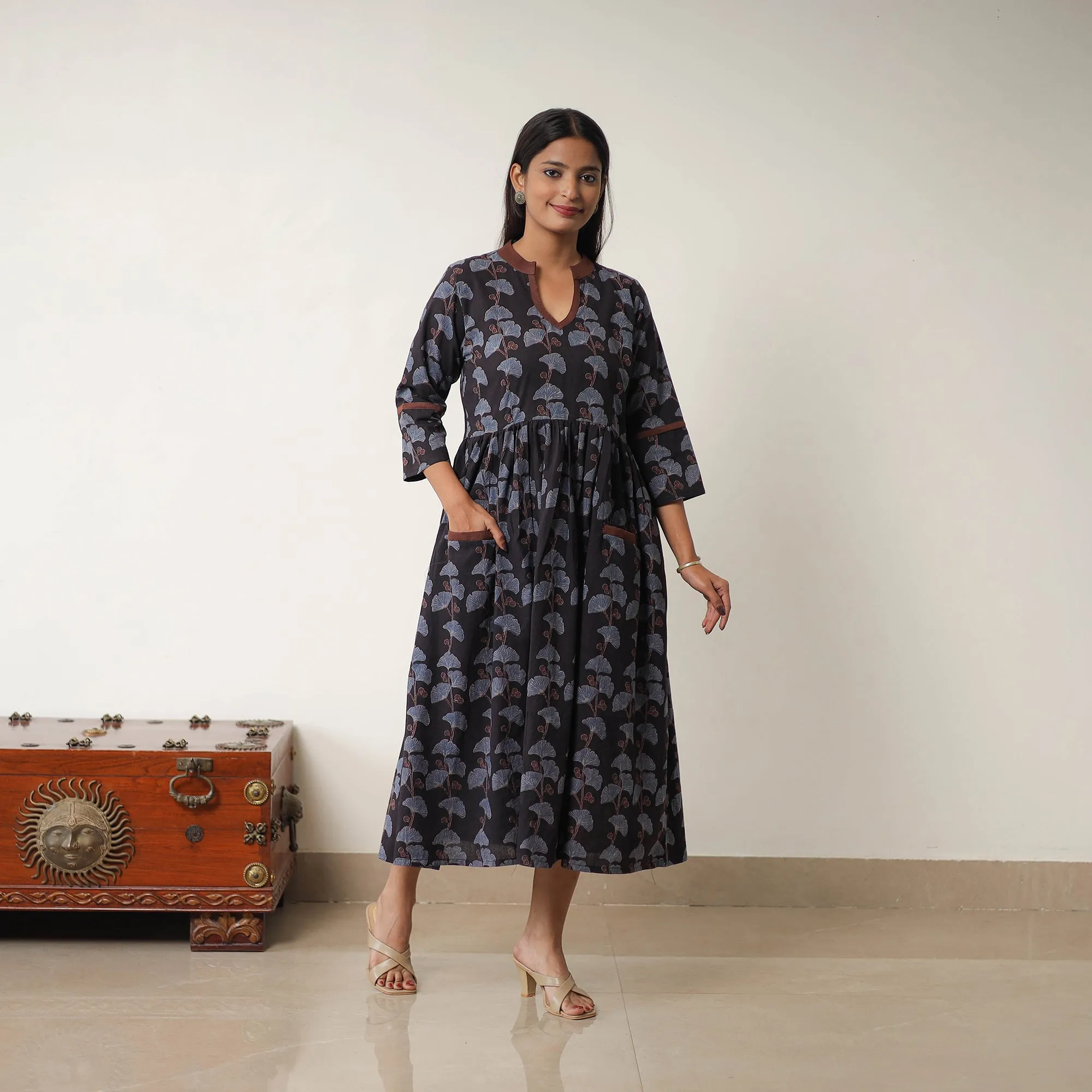 Black - Hand Block Print Cotton Flared Gher Ajrakh Dress 06