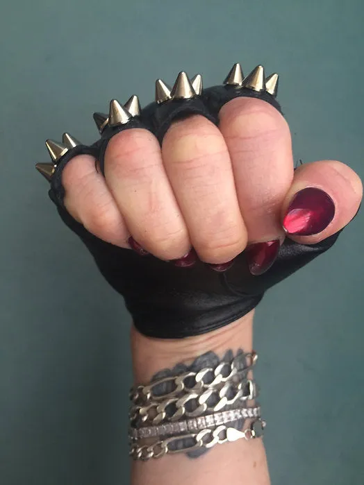 Black Leather Gloves w 3 Silver Spikes