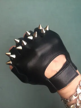 Black Leather Gloves w 3 Silver Spikes