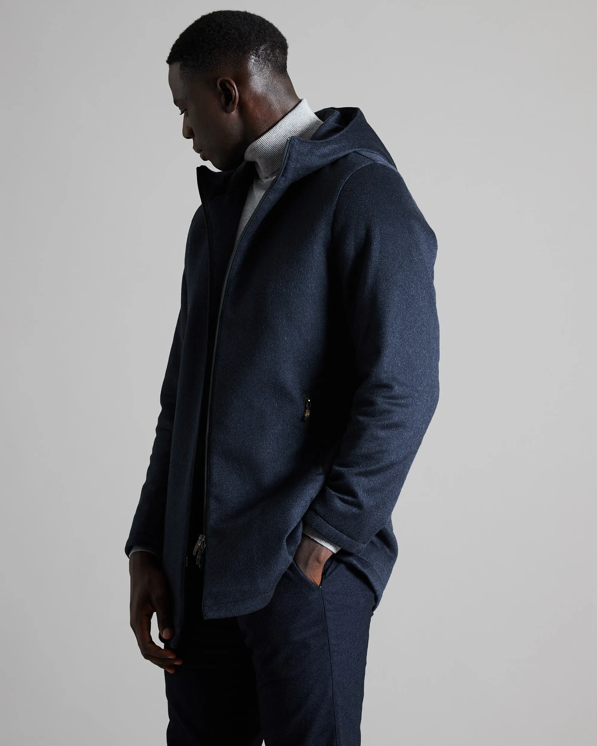Blue zipped cashmere outerwear with hoodie