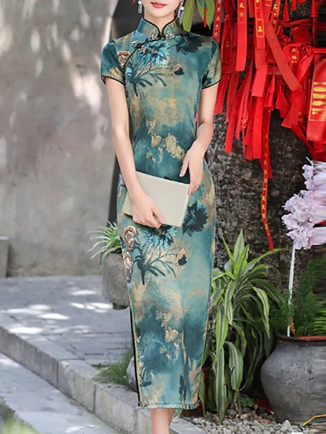 Bodycon Sheath Dress Cheongsam Dress Midi Dress Red Blue Gold Short Sleeve Floral Split Spring Summer Stand Collar Elegant Weekend  M L XL XXL 3XL 4XL 5XL for Women