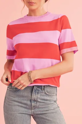 Bright Pink Colorblock Knitted Round Neck T Shirt
