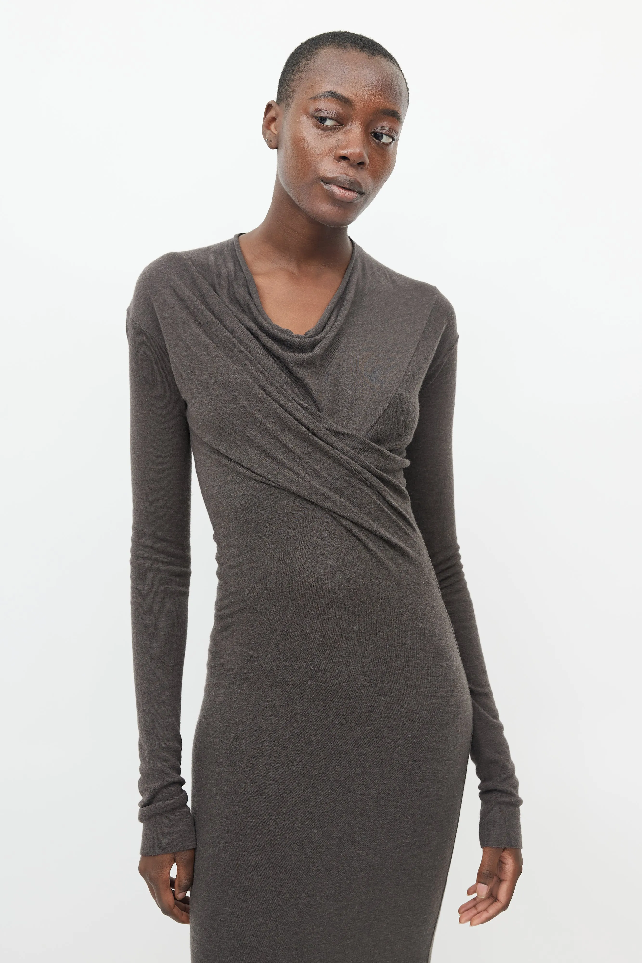 Brown Long Sleeve Cowl Neck Dress
