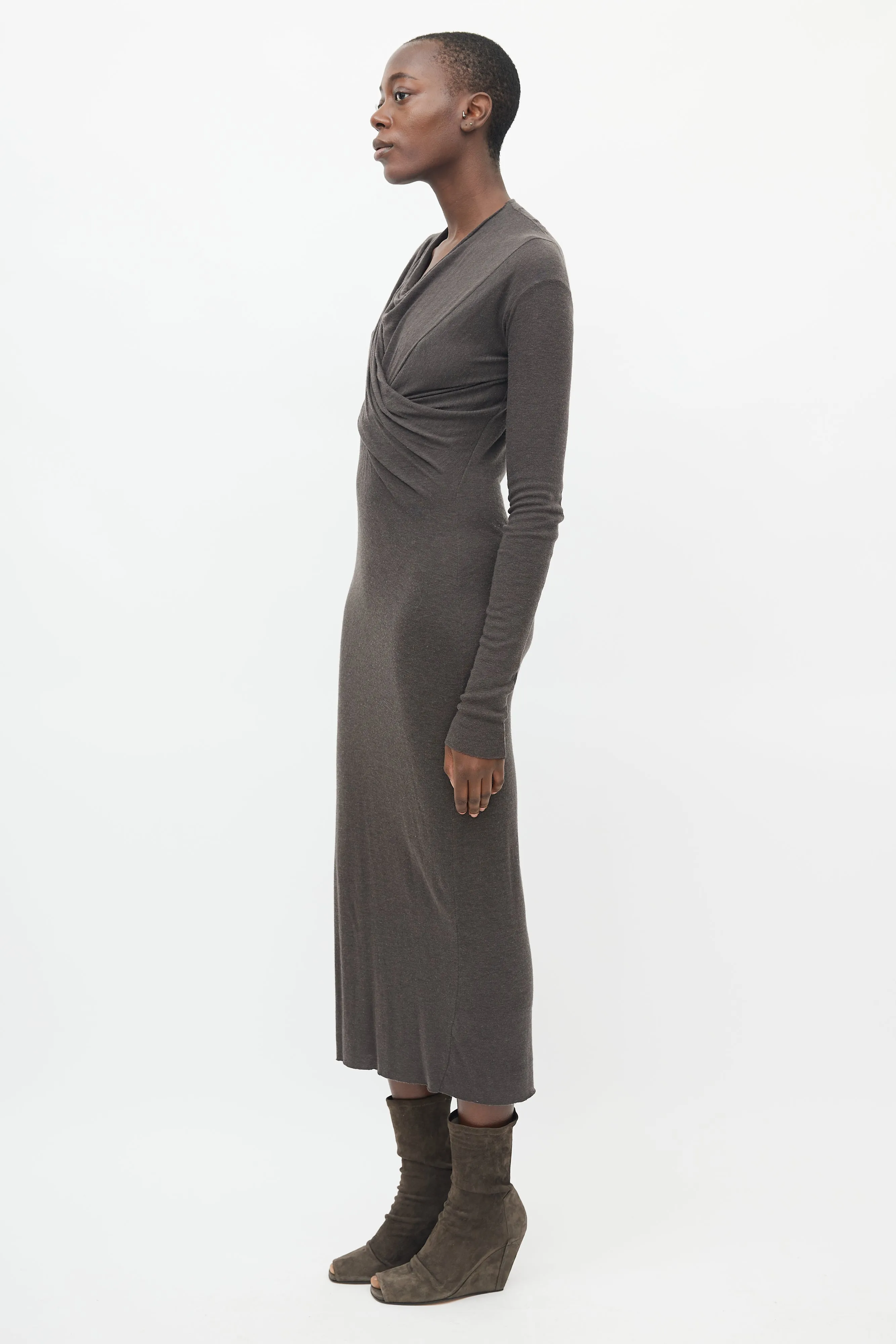 Brown Long Sleeve Cowl Neck Dress