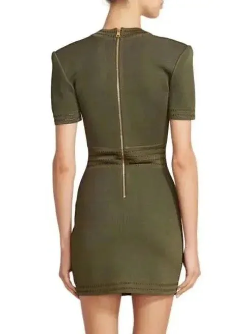 Button-Embellished V-Neck Mini Dress, Green