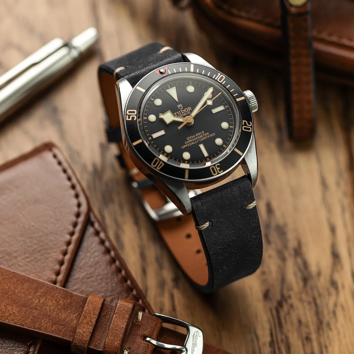 Charlbury V-Stitch Genuine Italian Leather Watch Strap - Black