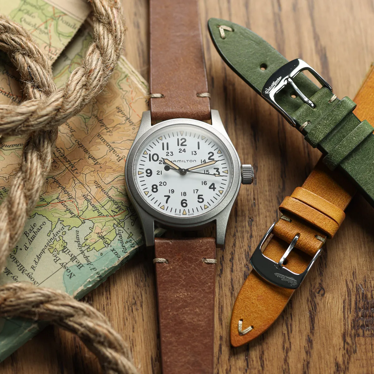 Charlbury V-Stitch Genuine Italian Leather Watch Strap - Olive Green