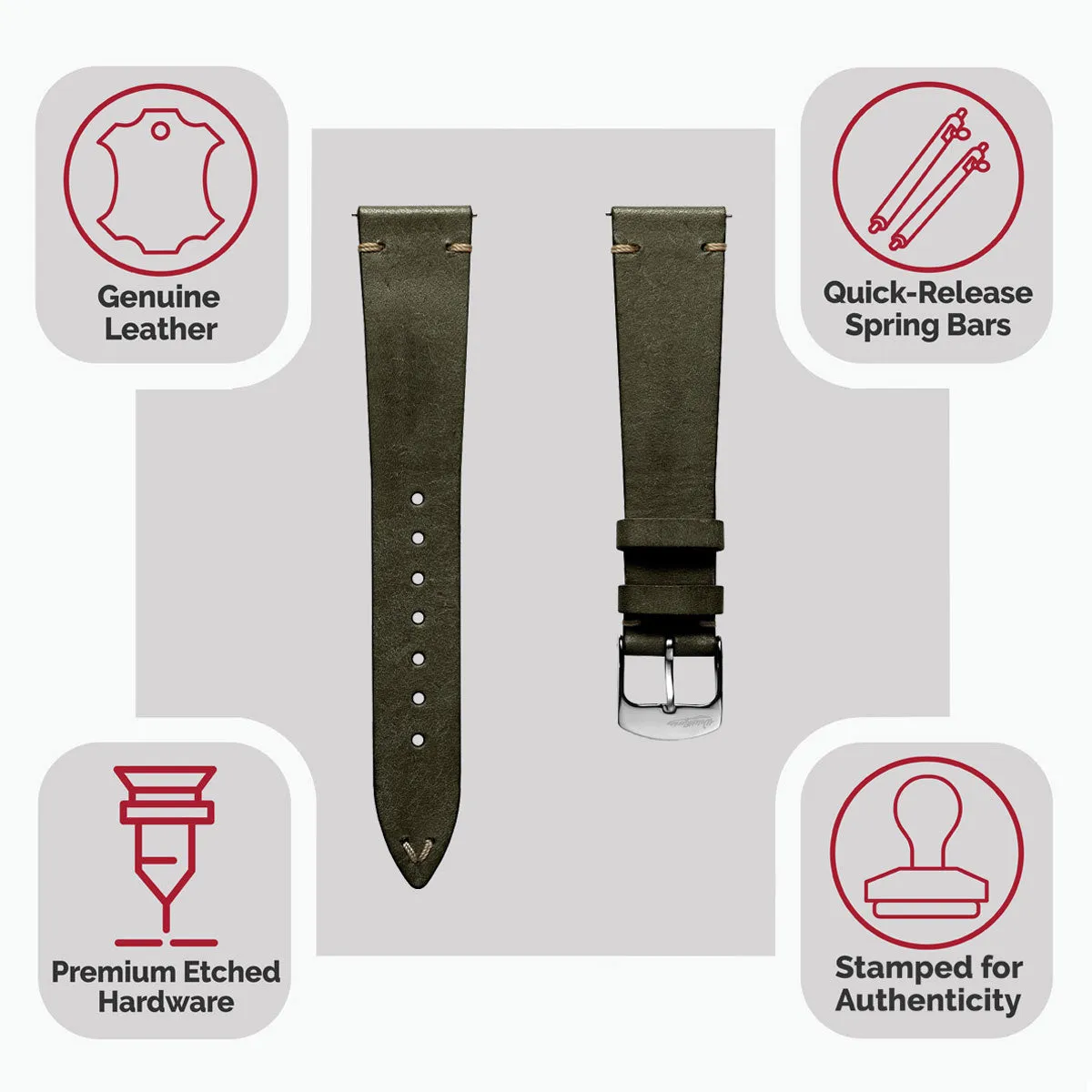 Charlbury V-Stitch Genuine Italian Leather Watch Strap - Olive Green
