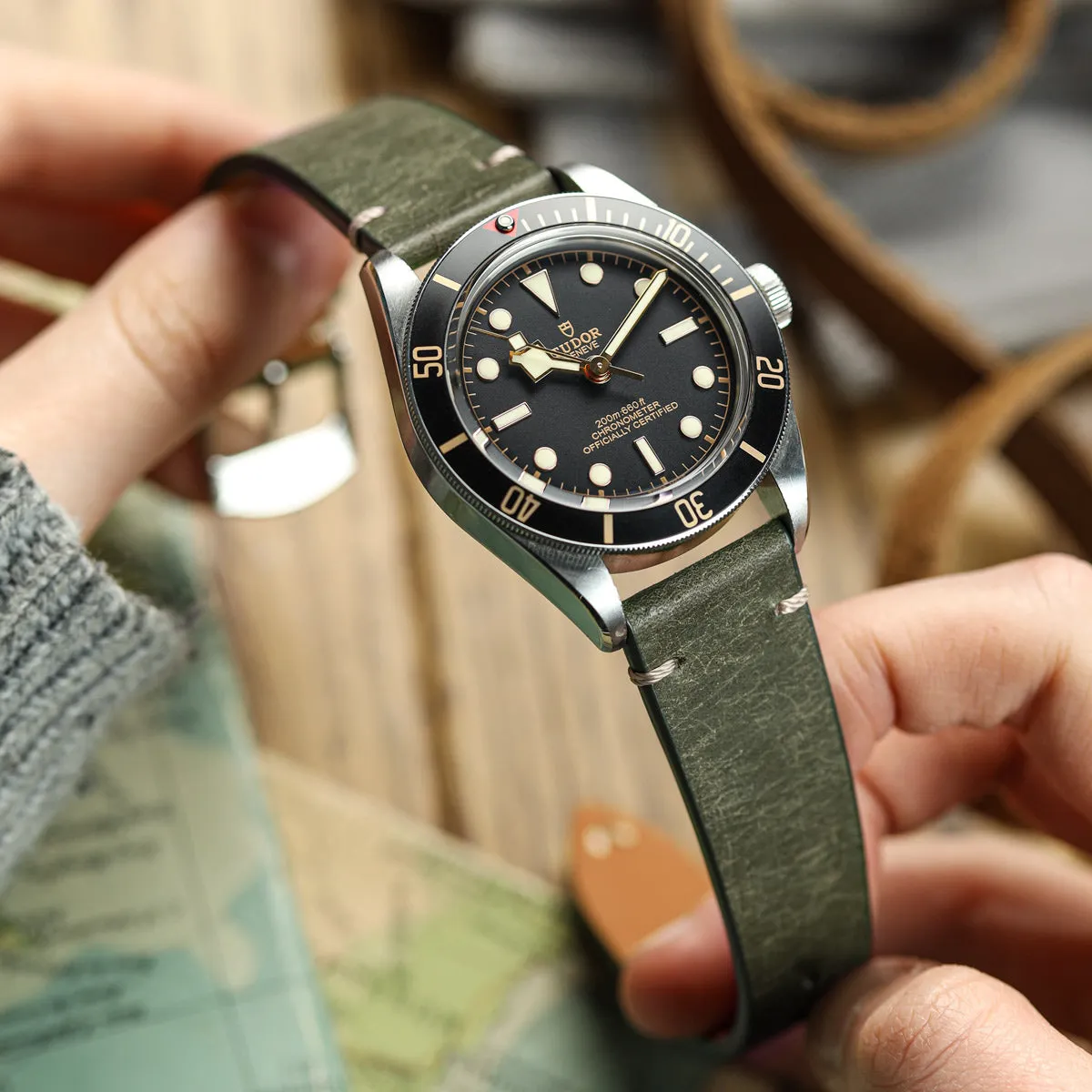 Charlbury V-Stitch Genuine Italian Leather Watch Strap - Olive Green