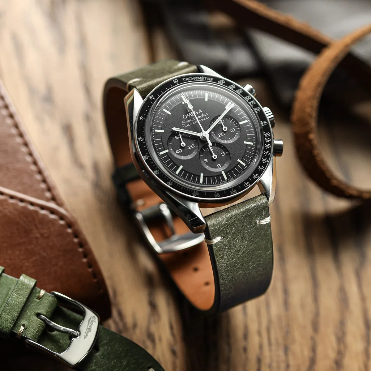 Charlbury V-Stitch Genuine Italian Leather Watch Strap - Olive Green
