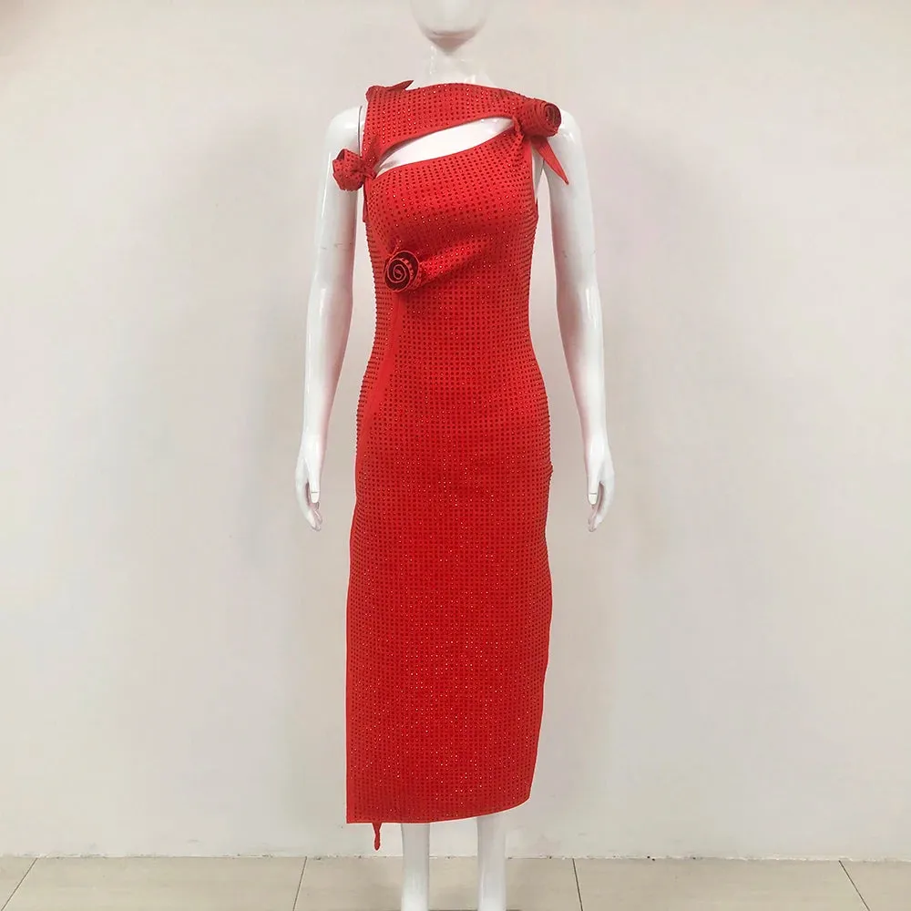 Elegant Red Diamond Asymmetrical Evening Dress