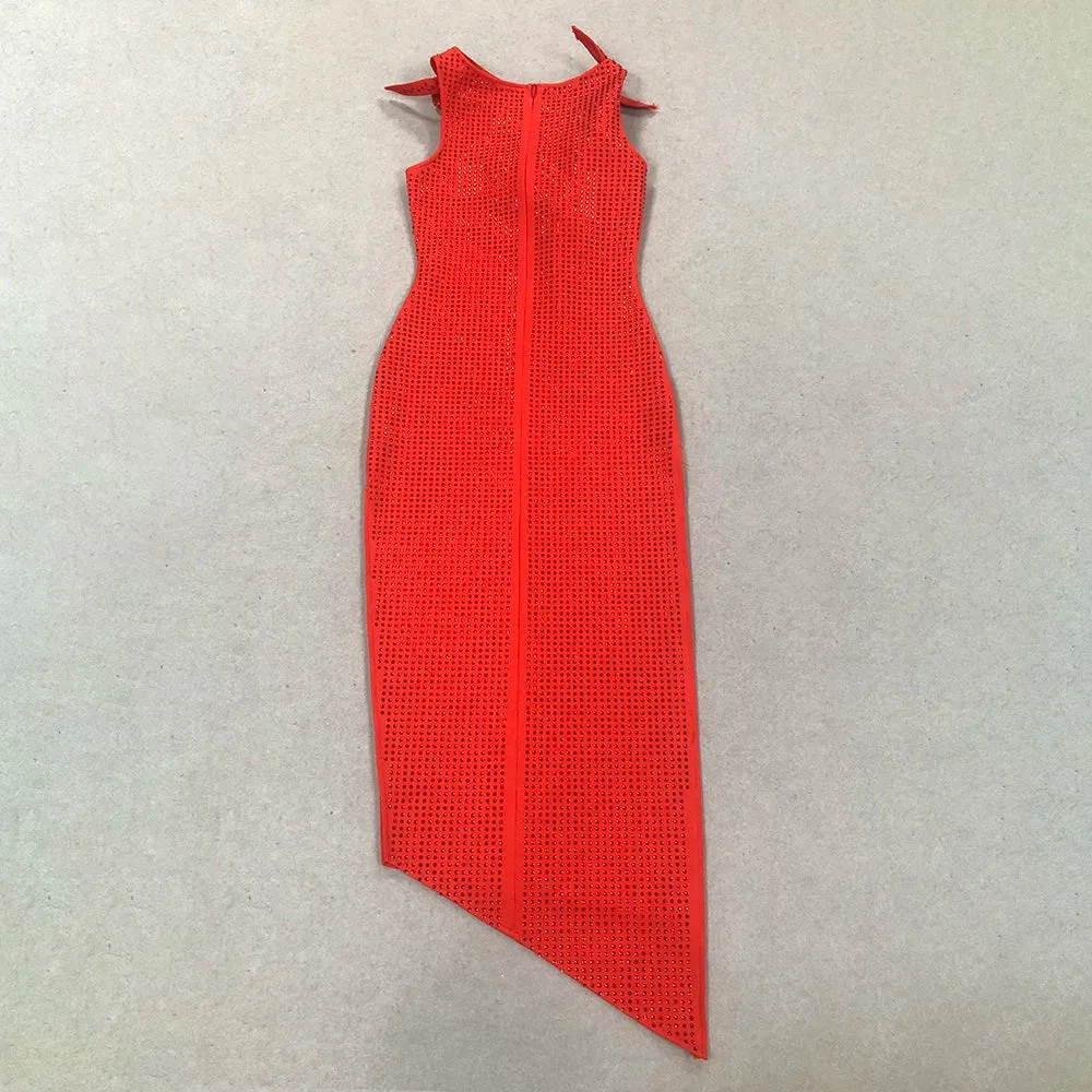 Elegant Red Diamond Asymmetrical Evening Dress