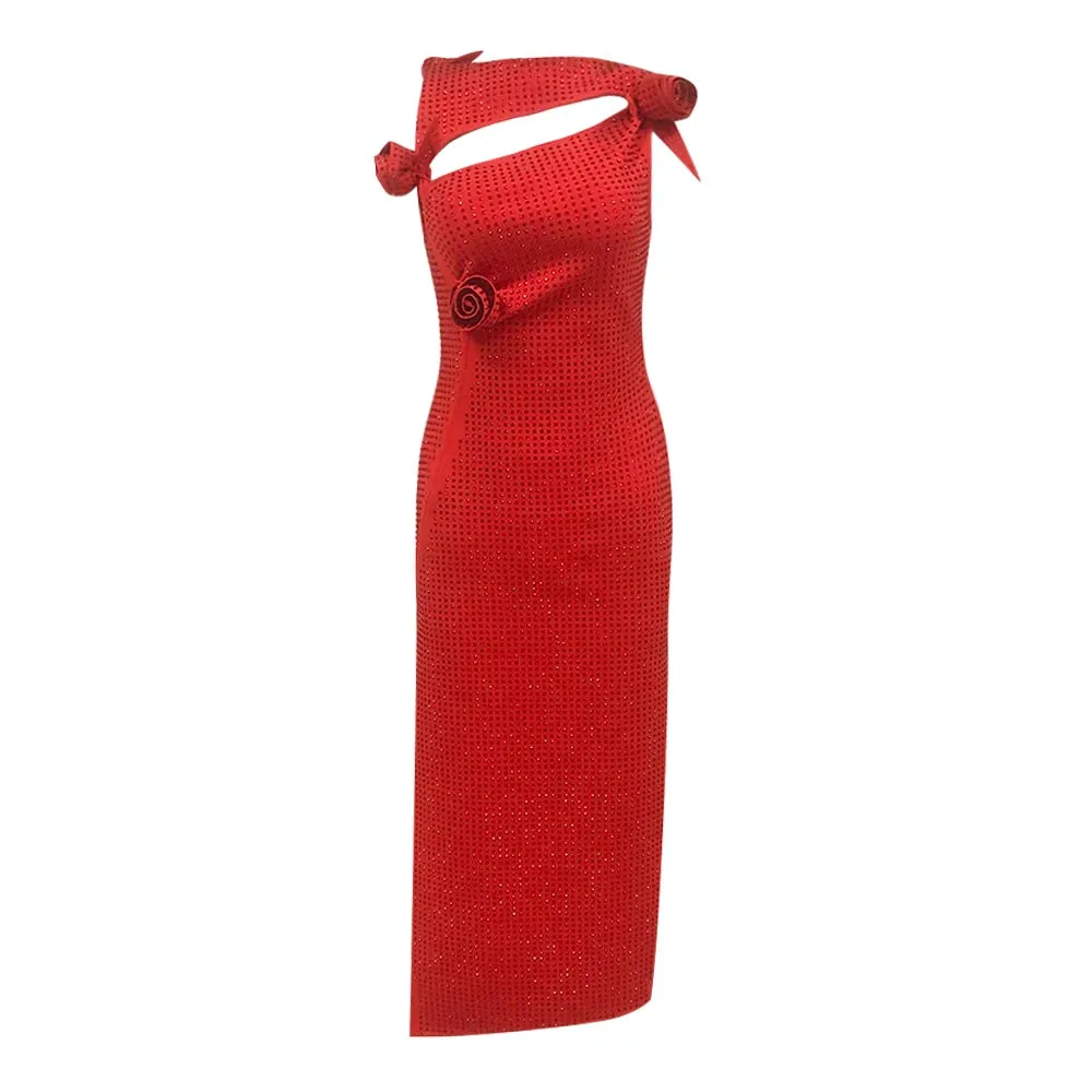 Elegant Red Diamond Asymmetrical Evening Dress