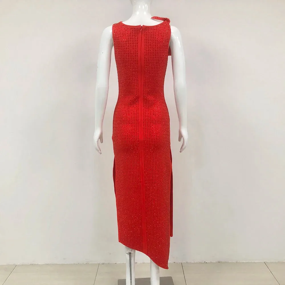 Elegant Red Diamond Asymmetrical Evening Dress