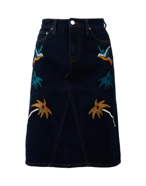 Embroidered Denim Pencil Skirt