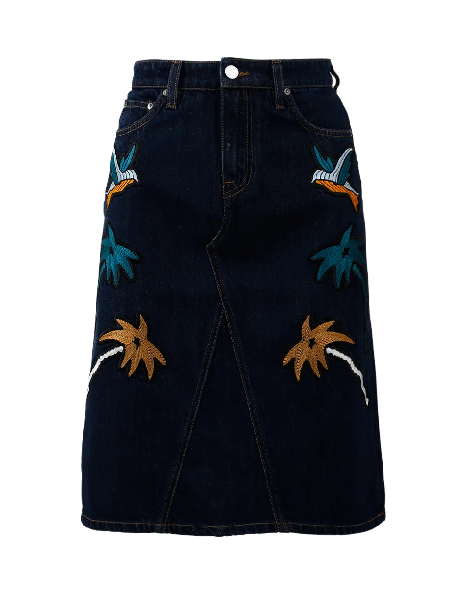 Embroidered Denim Pencil Skirt