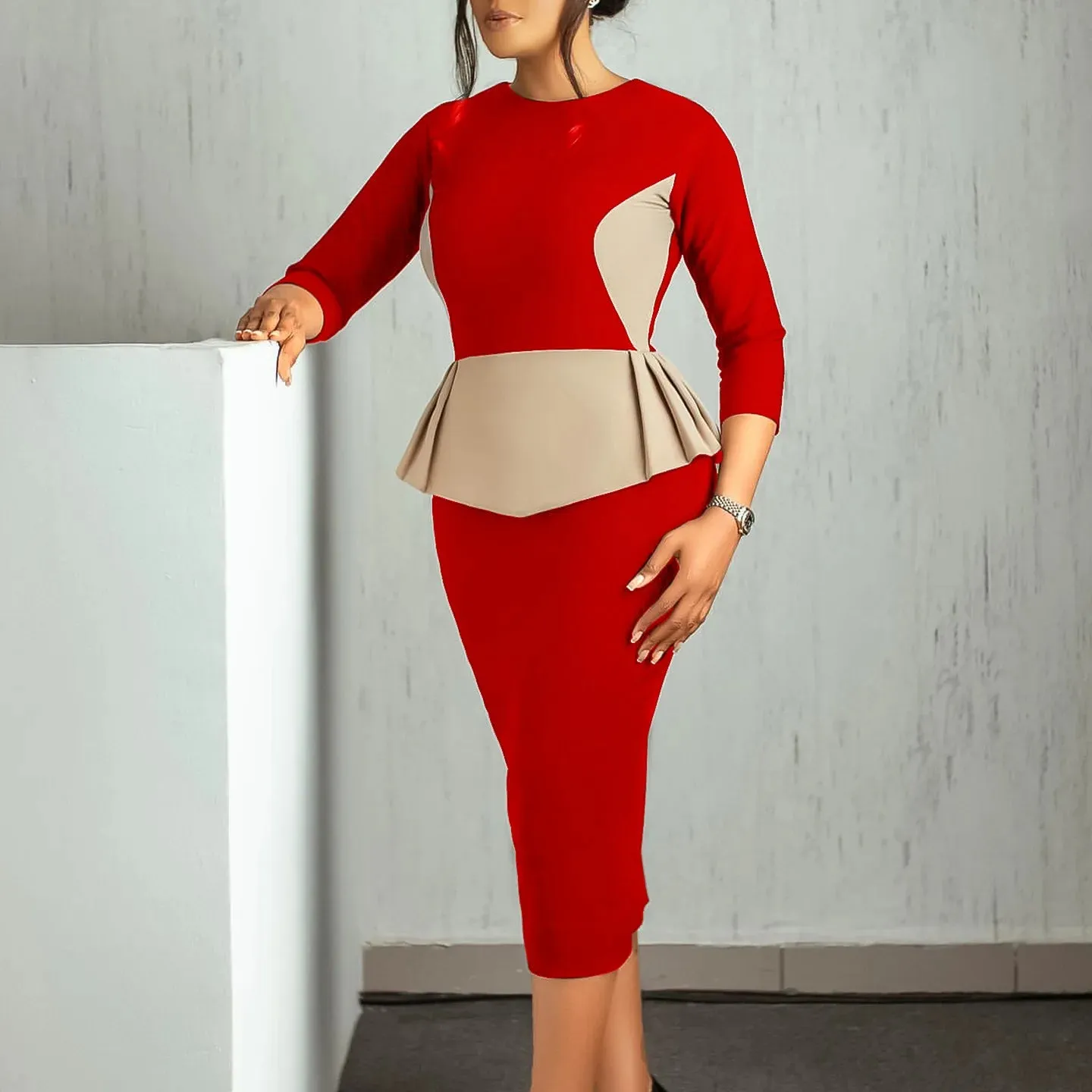 Emma  3/4 Sleeve Polyester Midi Bodycon Dress