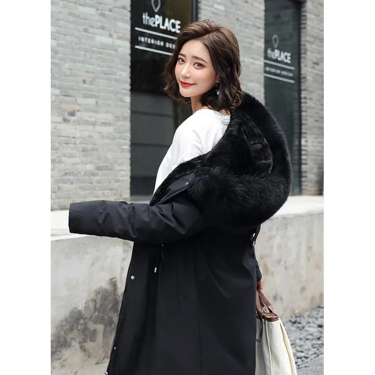 Fleece-Lined Thigh-Length Fur Collar Parka