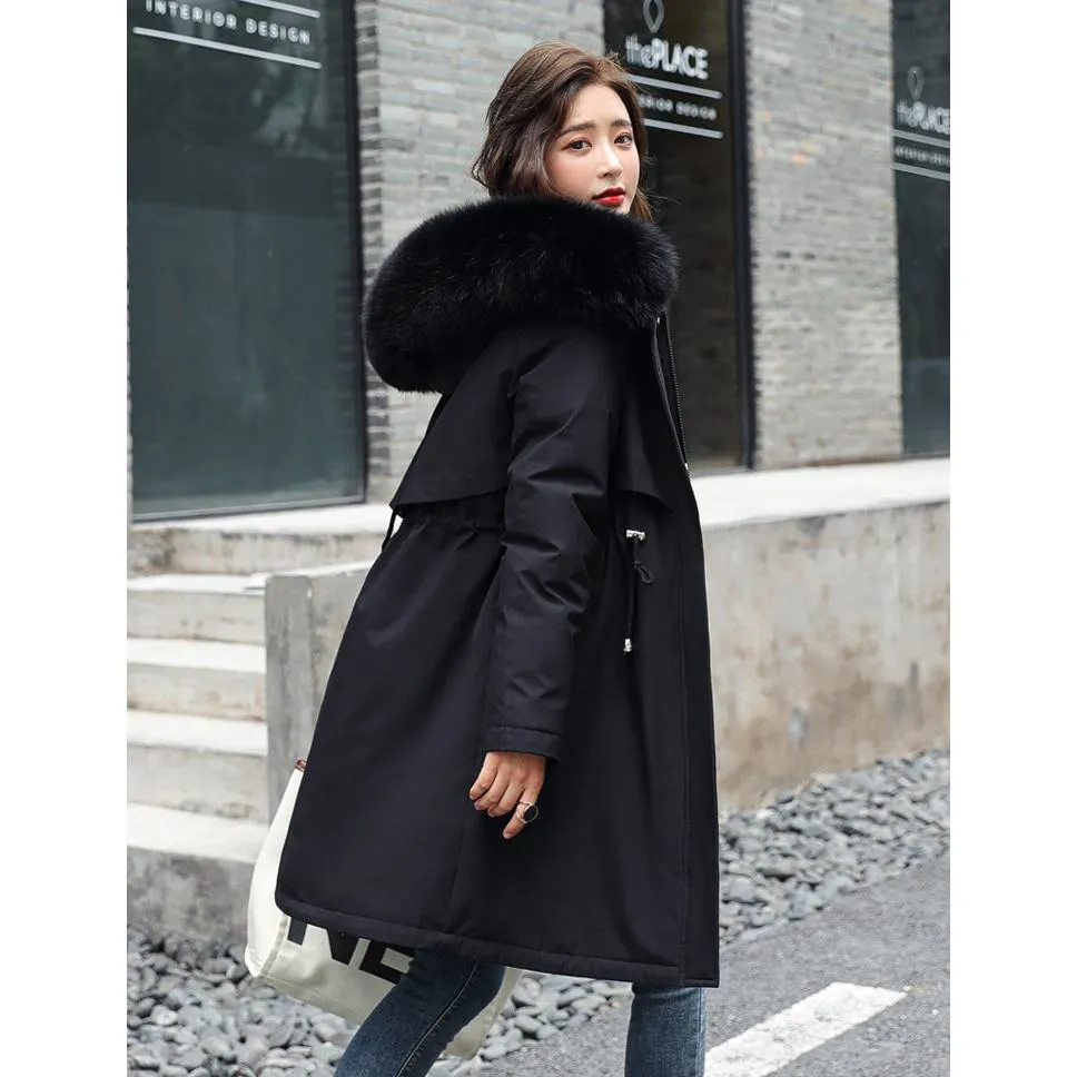 Fleece-Lined Thigh-Length Fur Collar Parka