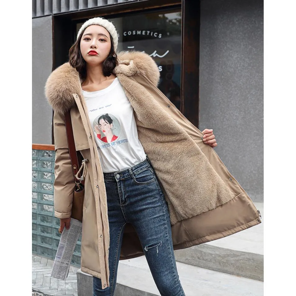 Fleece-Lined Thigh-Length Fur Collar Parka