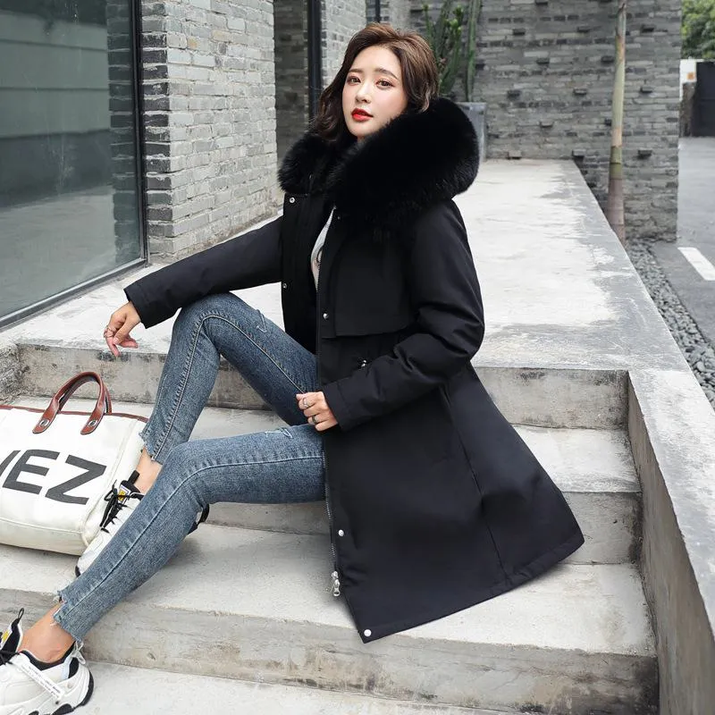 Fleece-Lined Thigh-Length Fur Collar Parka