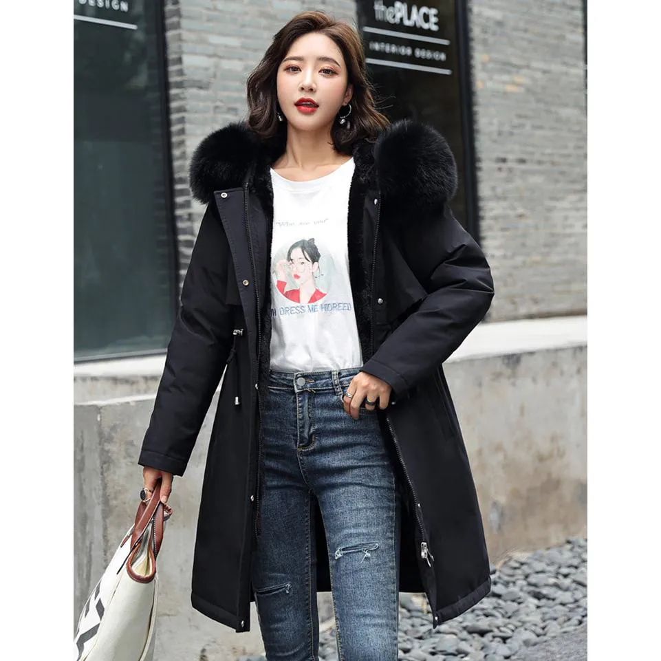 Fleece-Lined Thigh-Length Fur Collar Parka