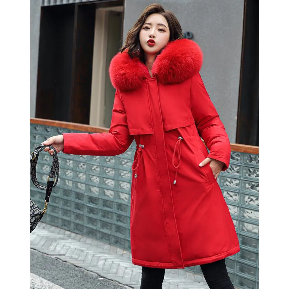 Fleece-Lined Thigh-Length Fur Collar Parka