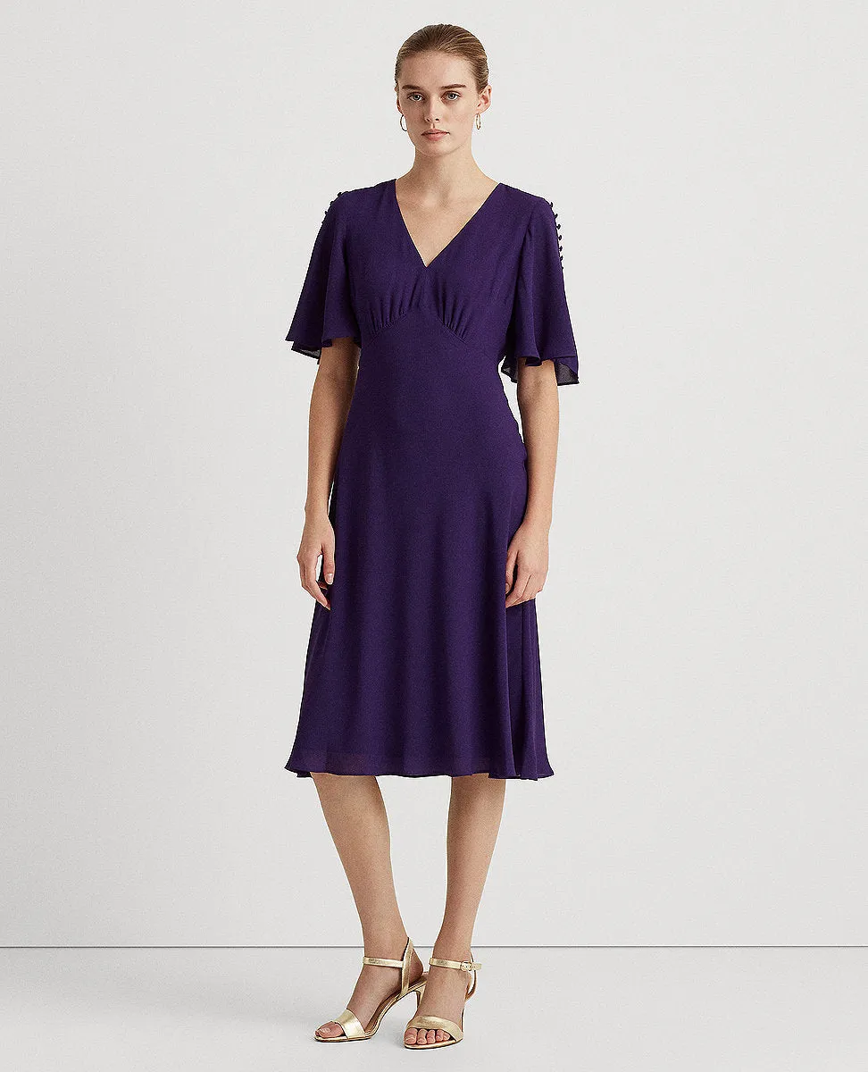 Georgette Flutter-Sleeve Dress In Purple