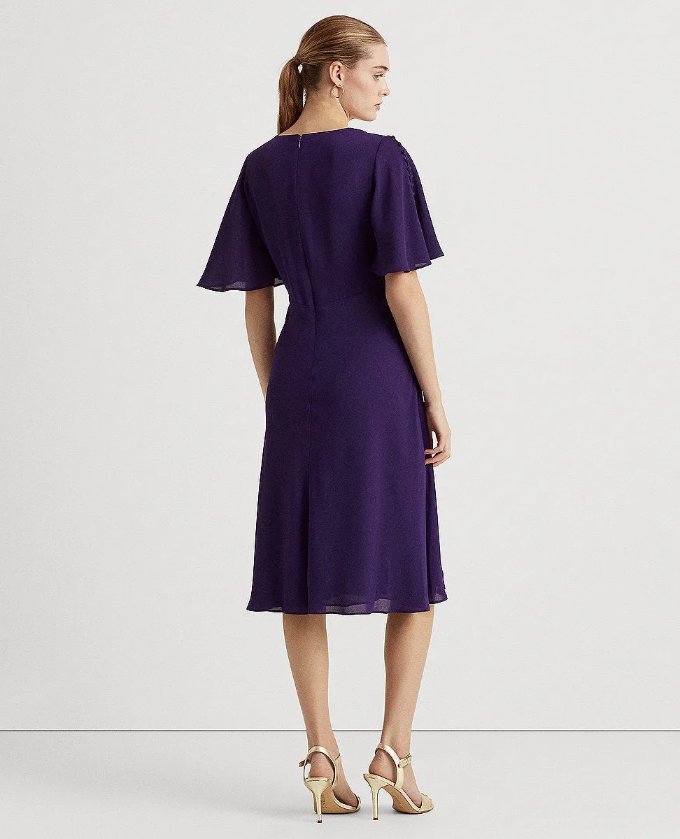 Georgette Flutter-Sleeve Dress In Purple