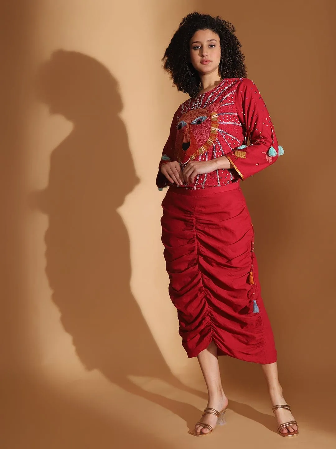 Gond Artwork Top & Skirt - Red