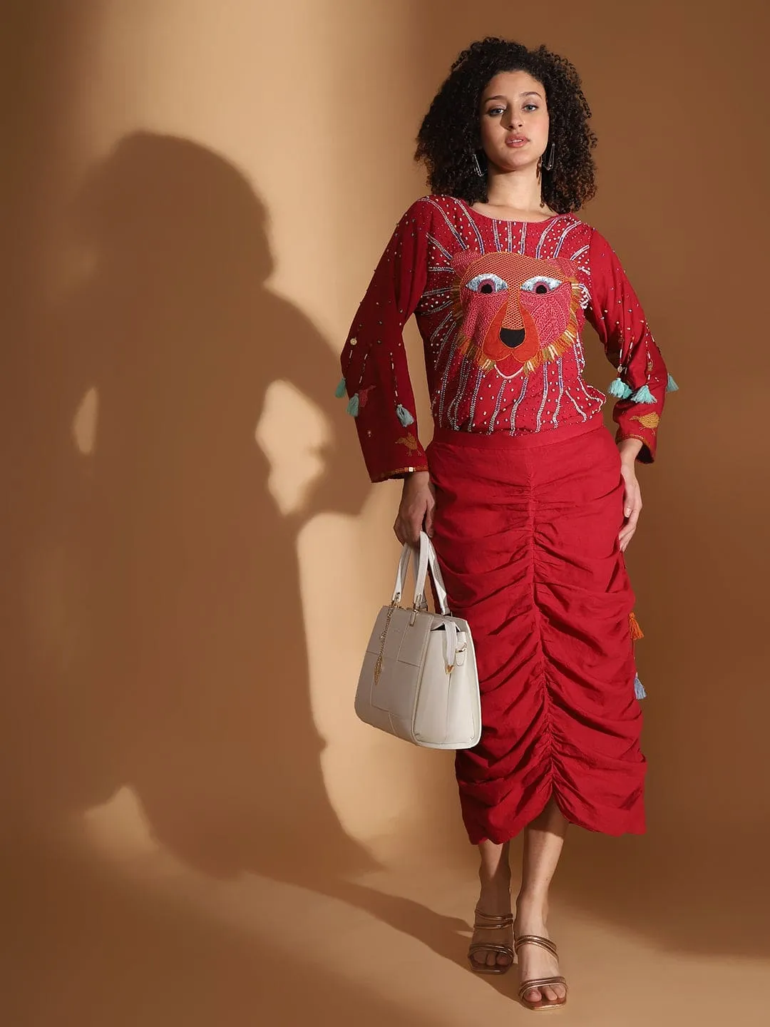 Gond Artwork Top & Skirt - Red