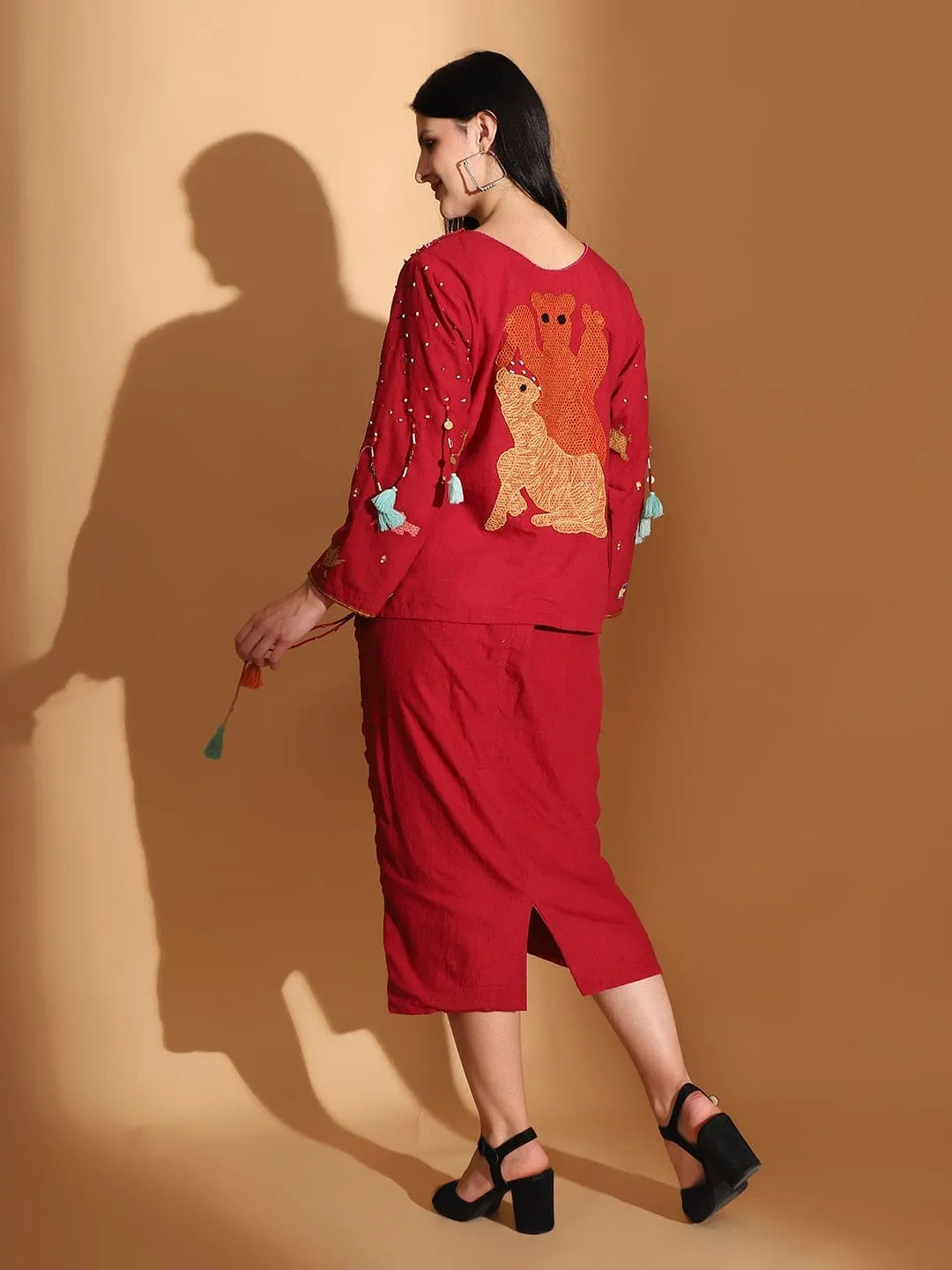 Gond Artwork Top & Skirt - Red