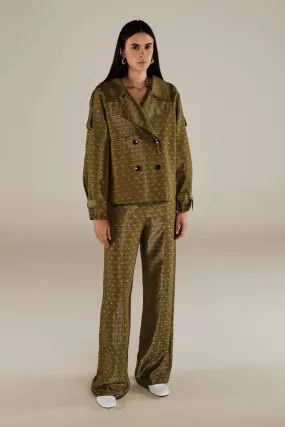 HAMA | Green & Gold Flower Jacquard Short Trench Coat