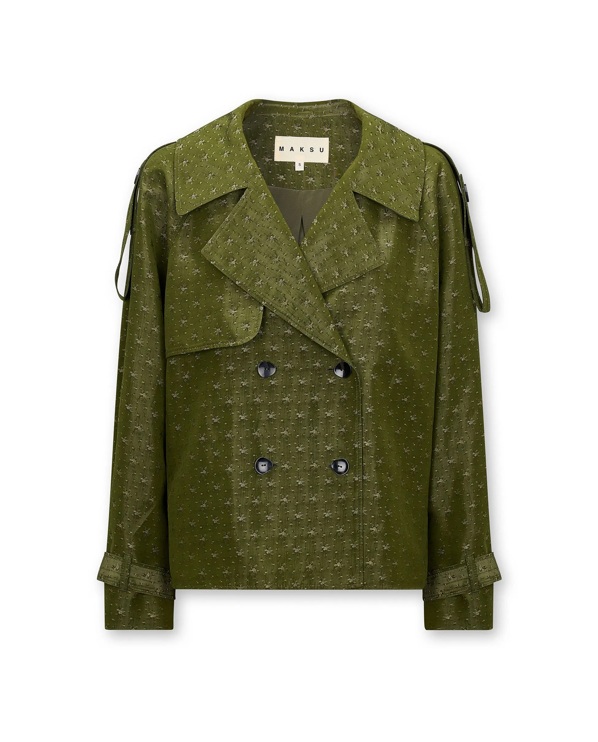 HAMA | Green & Gold Flower Jacquard Short Trench Coat