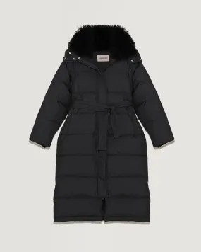 Long belted hooded down jacket with cashmere goat wool collar
