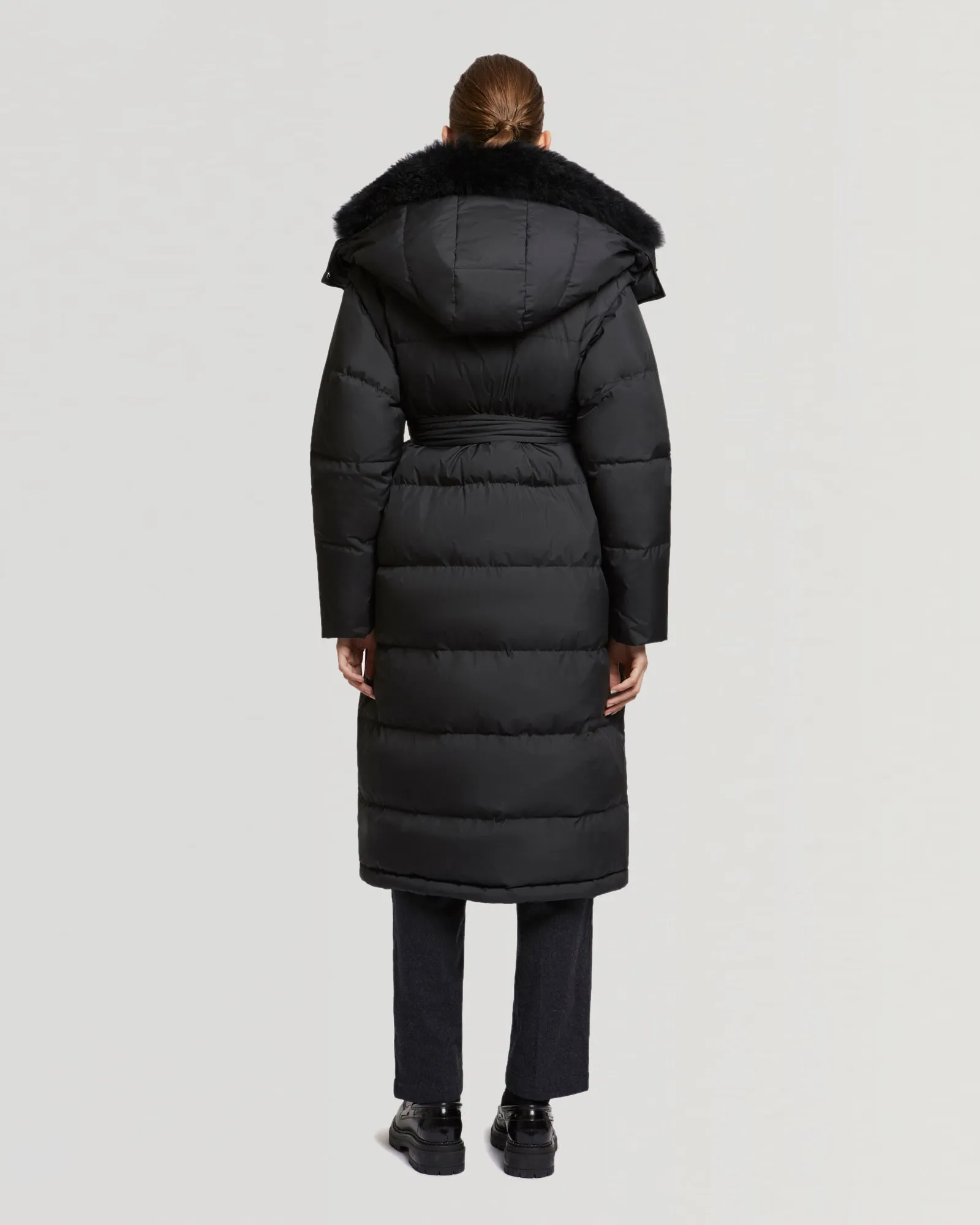 Long belted hooded down jacket with cashmere goat wool collar