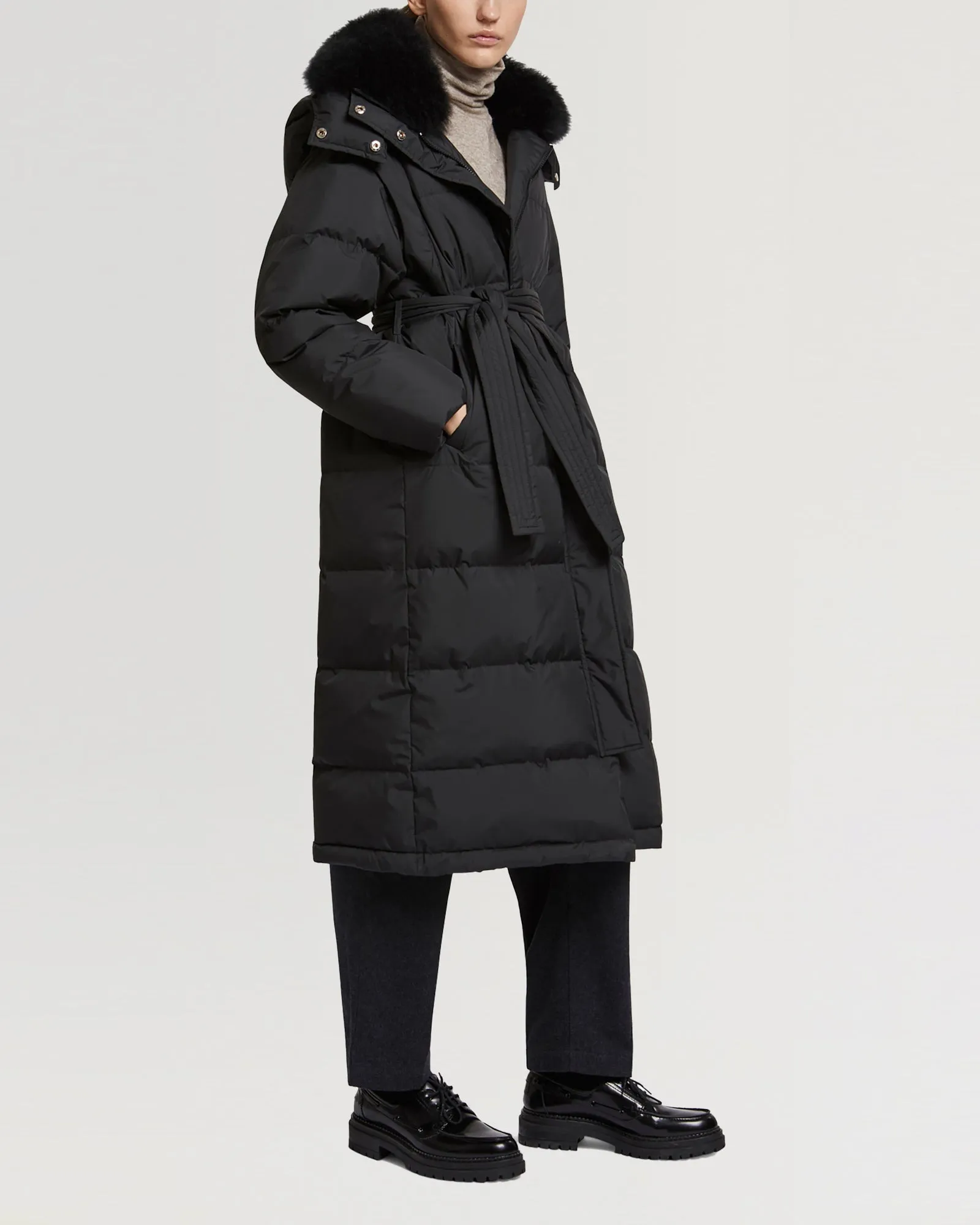 Long belted hooded down jacket with cashmere goat wool collar