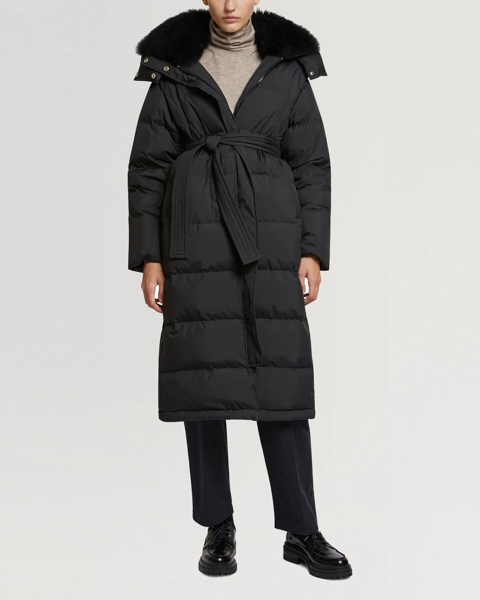 Long belted hooded down jacket with cashmere goat wool collar