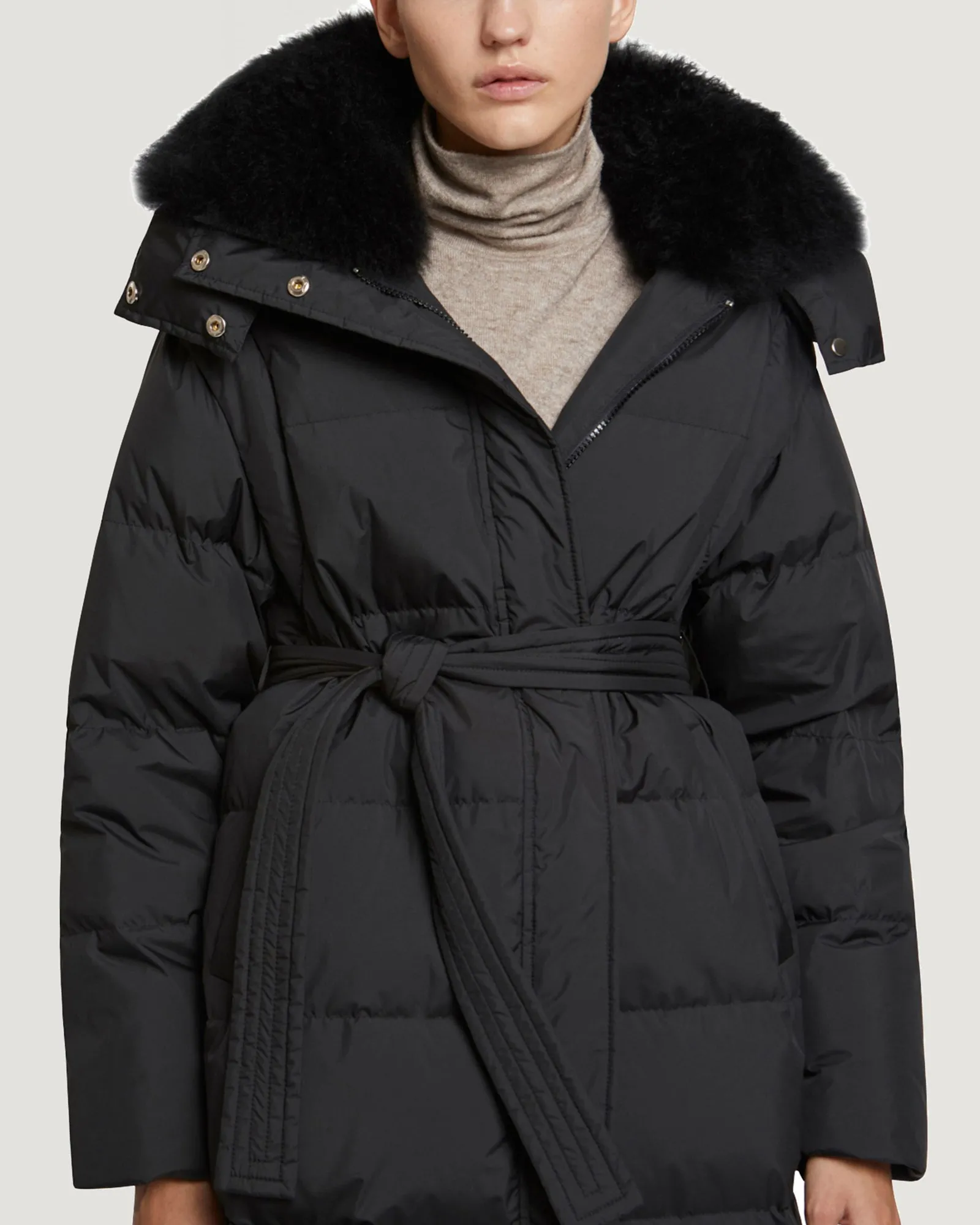 Long belted hooded down jacket with cashmere goat wool collar